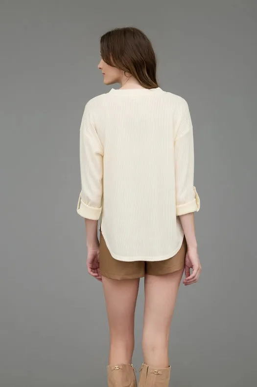 3/4 Tab Sleeve Henley Knit Top CREAM