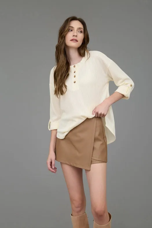 3/4 Tab Sleeve Henley Knit Top CREAM