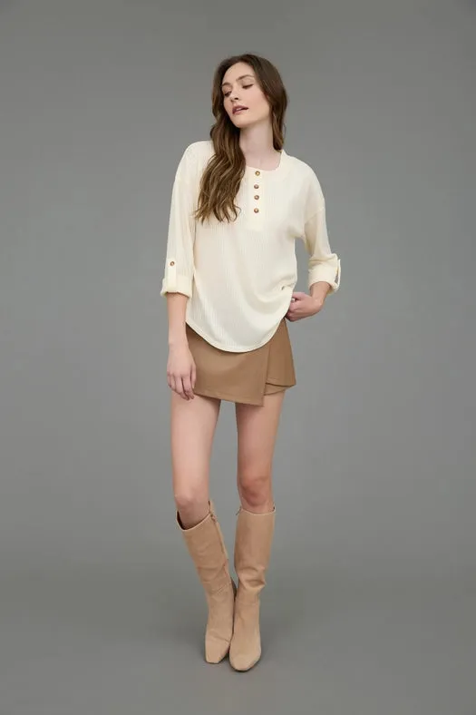 3/4 Tab Sleeve Henley Knit Top CREAM