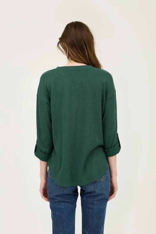 3/4 Tab Sleeve Henley Knit Top HUNTER GREEN