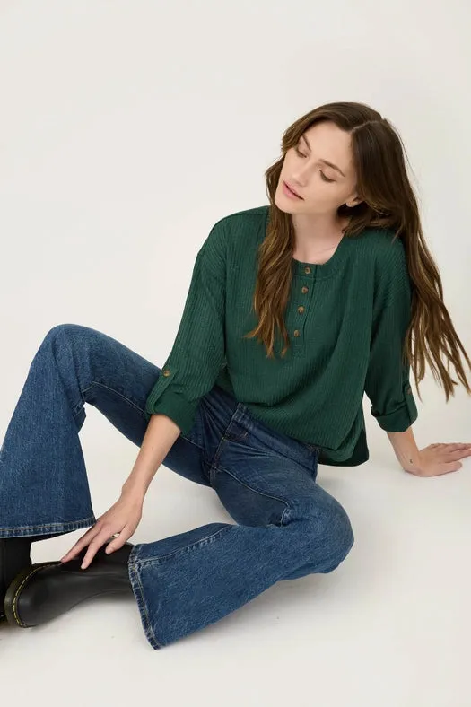 3/4 Tab Sleeve Henley Knit Top HUNTER GREEN