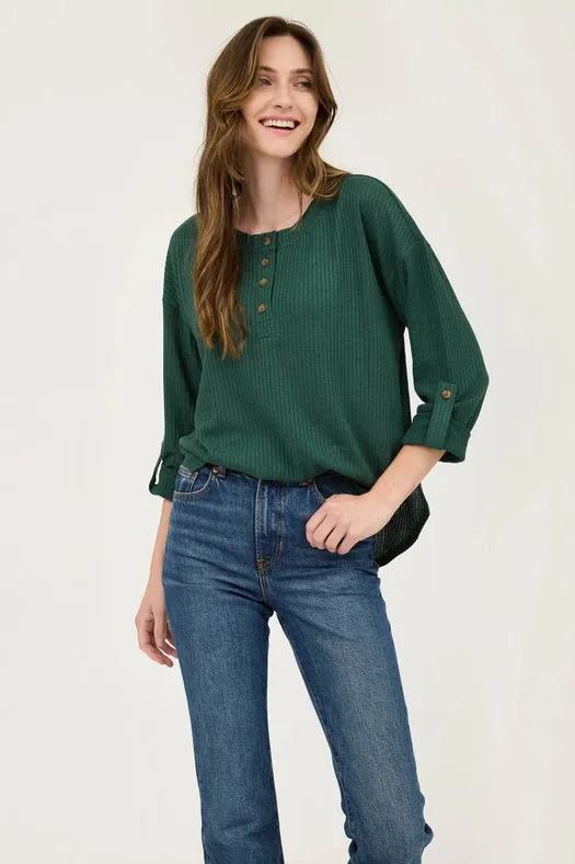 3/4 Tab Sleeve Henley Knit Top HUNTER GREEN