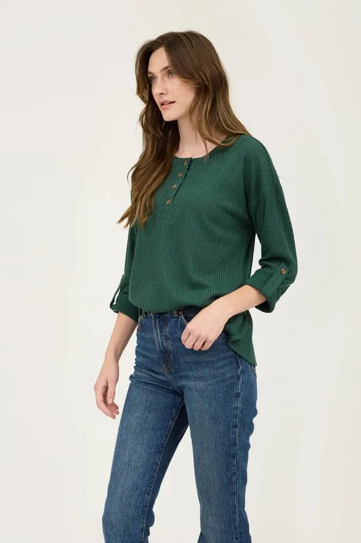 3/4 Tab Sleeve Henley Knit Top HUNTER GREEN