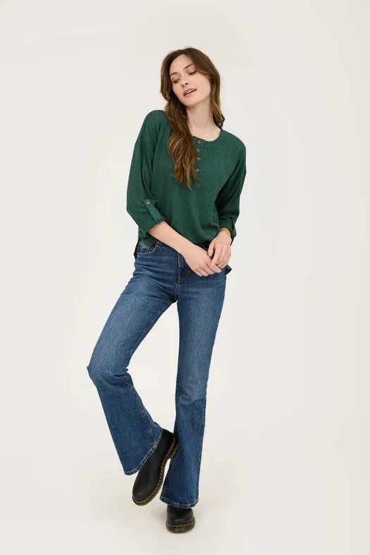 3/4 Tab Sleeve Henley Knit Top HUNTER GREEN