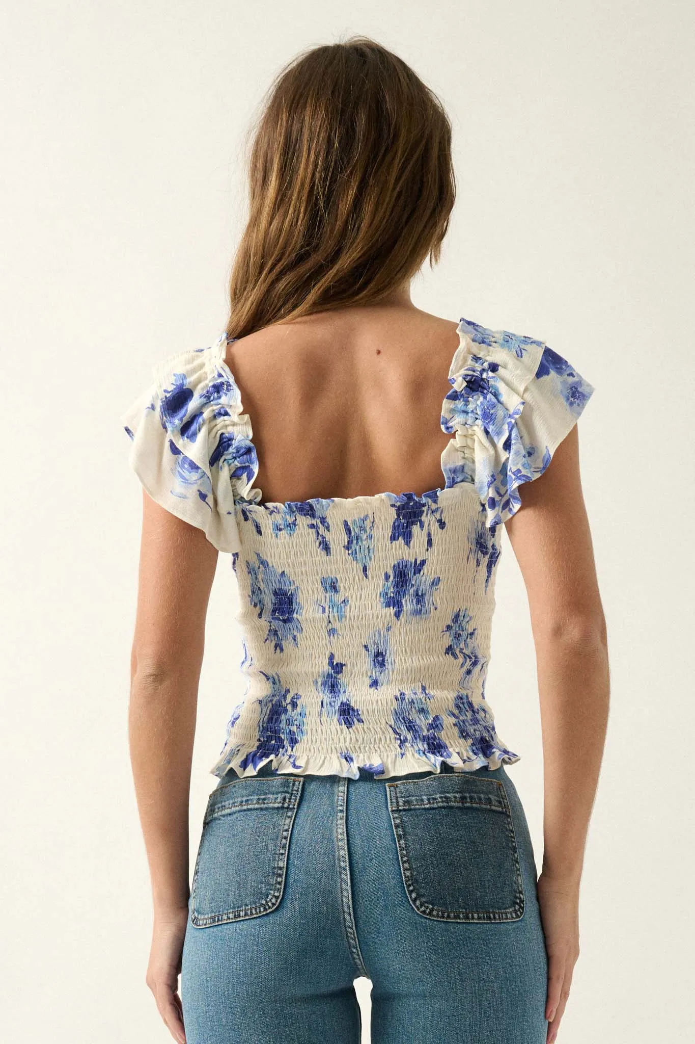 Azure Petals Smocked Floral Ruffle-Sleeve Top