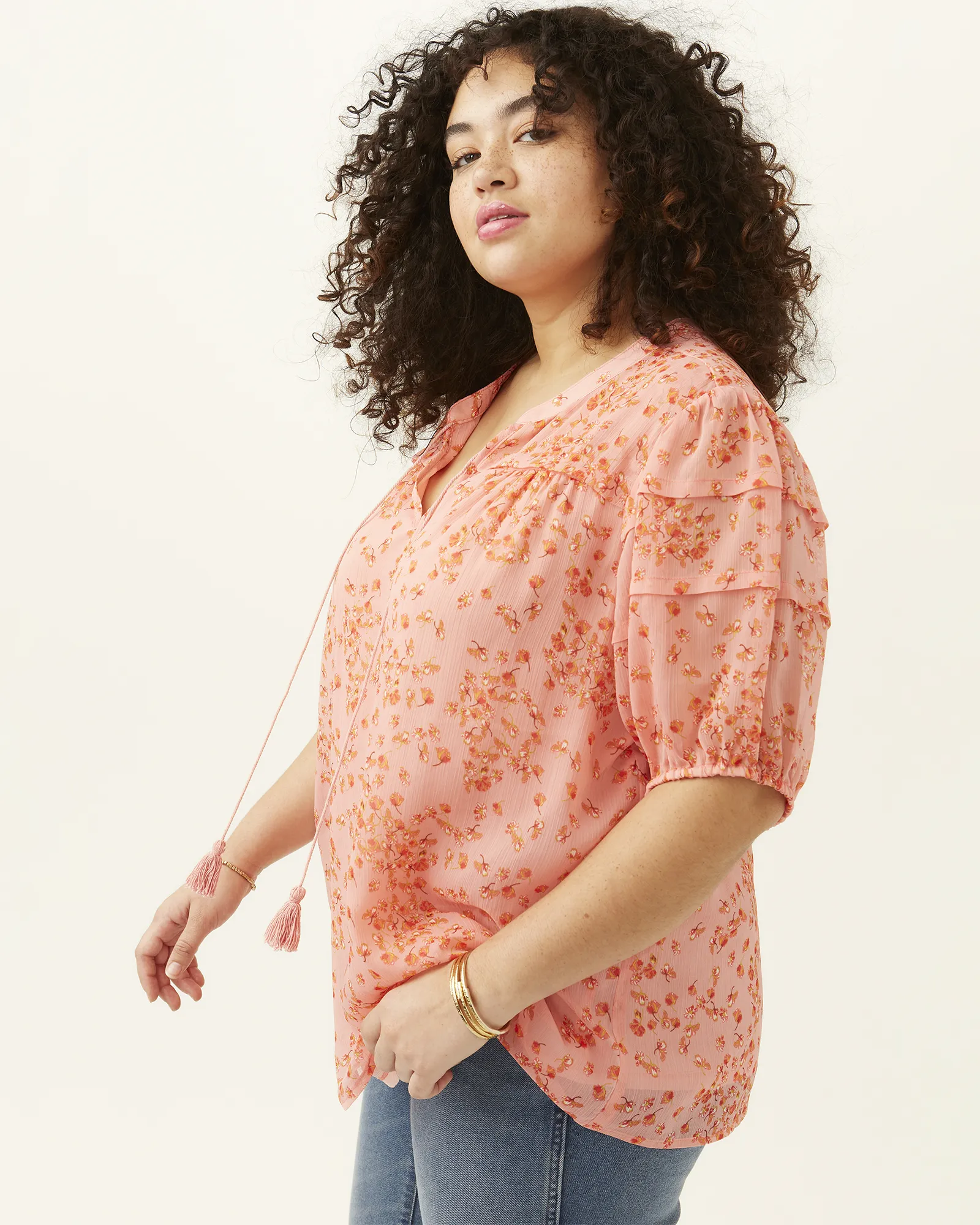 Barbara Printed Peasant Top | Pink