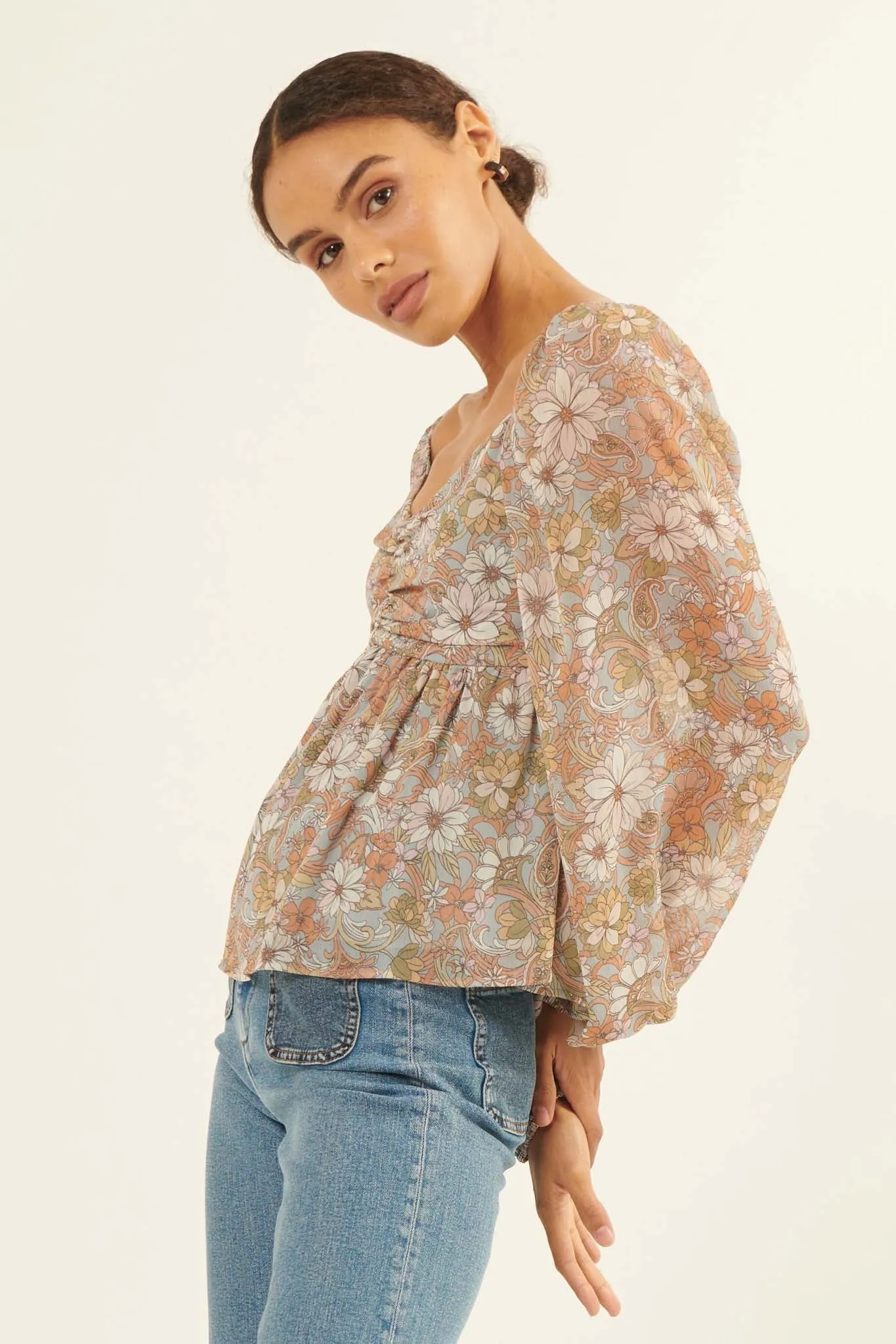 Beautiful Blooms Floral Babydoll Peasant Top