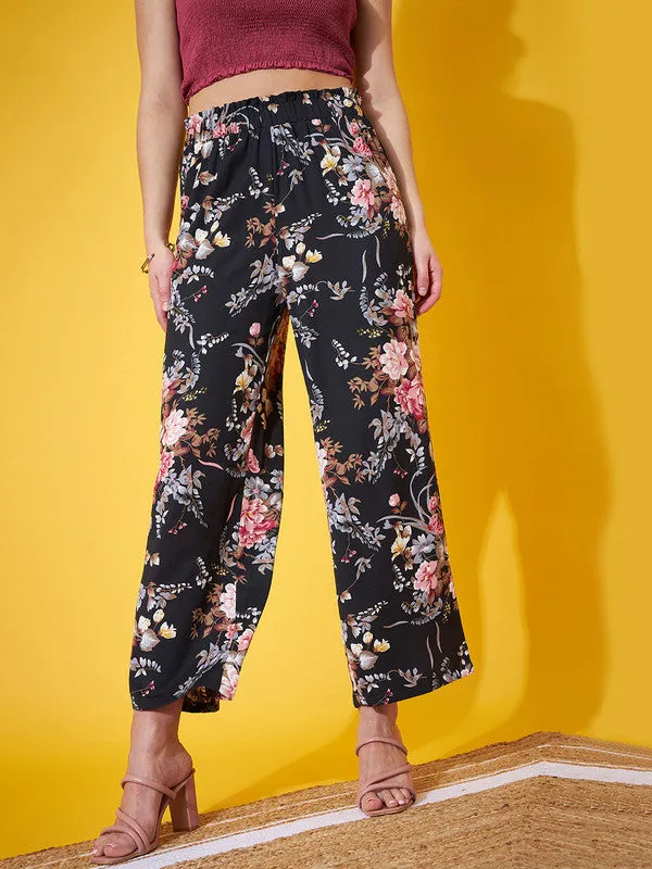 Berrylush Women Black & White Floral Printed High-Rise Elastic Waist Slip-On Regular Parallel Trousers