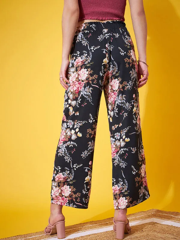 Berrylush Women Black & White Floral Printed High-Rise Elastic Waist Slip-On Regular Parallel Trousers