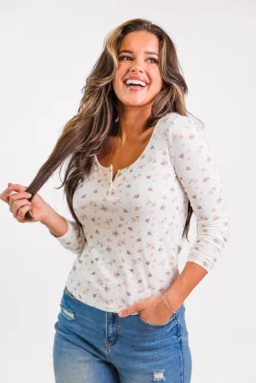 Best In Bloom Ivory Ribbed Floral Henley Top FINAL SALE