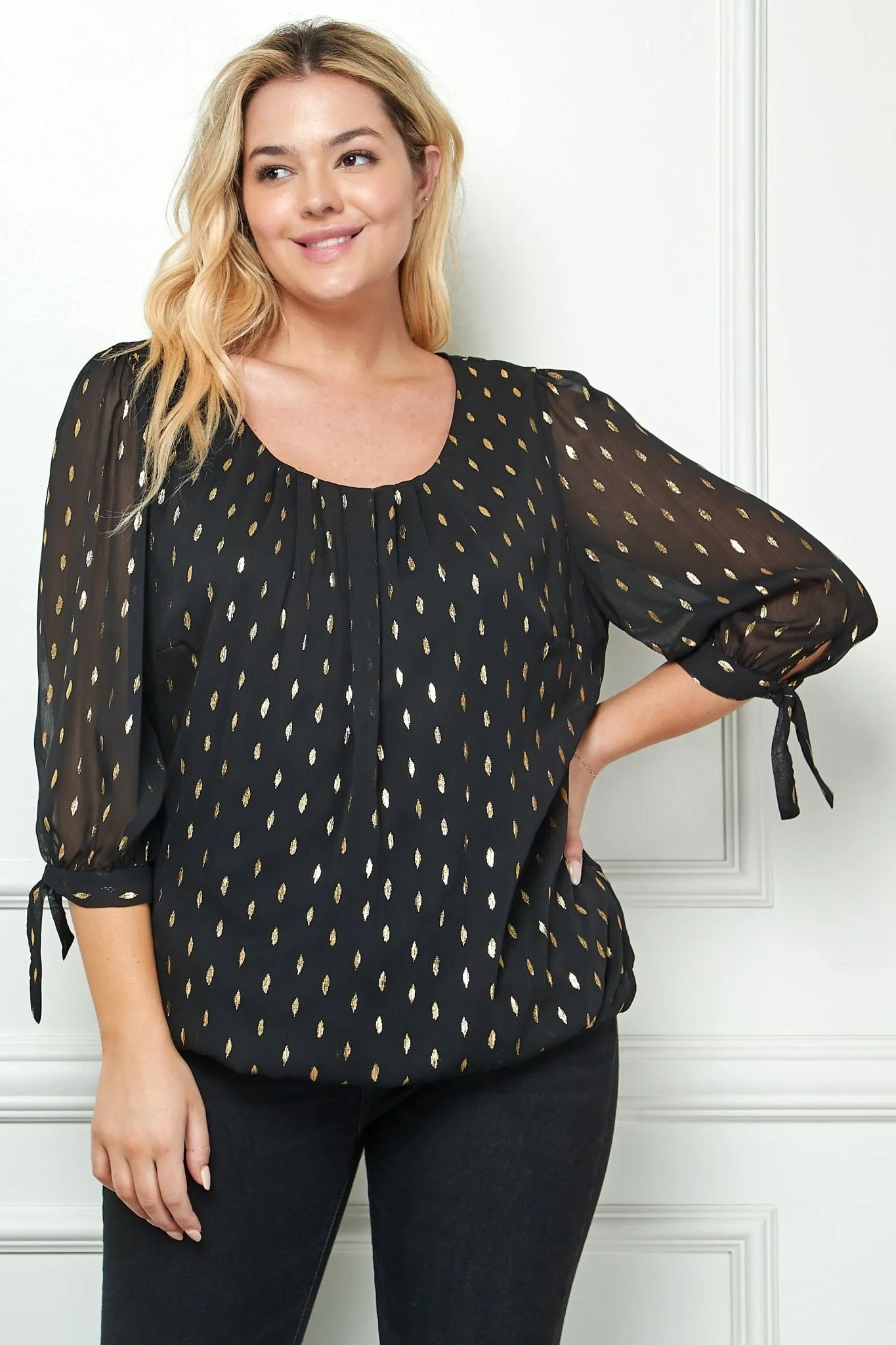 Black 3/4 Tie Sleeve Bubble Blouse - Plus