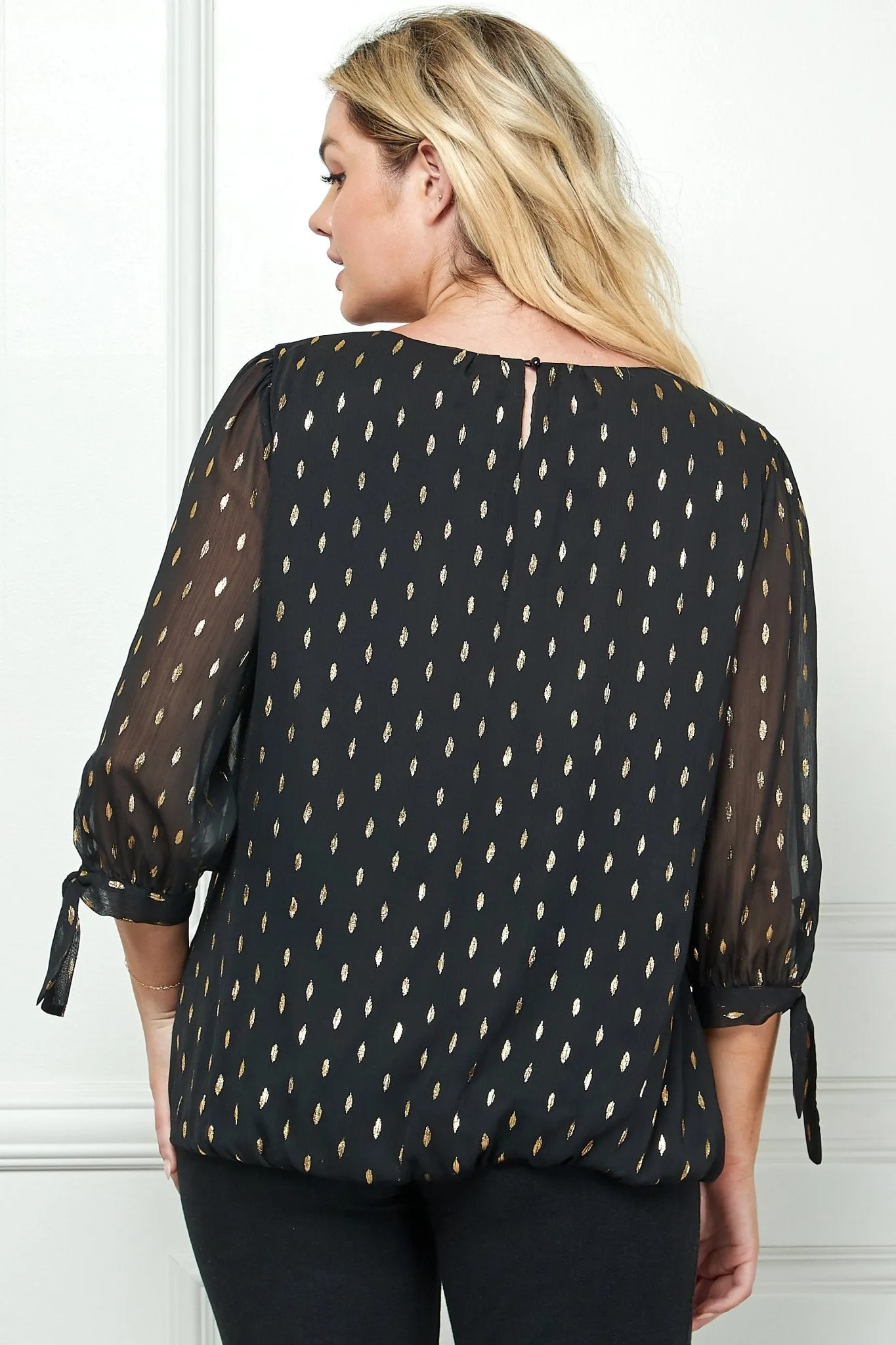 Black 3/4 Tie Sleeve Bubble Blouse - Plus