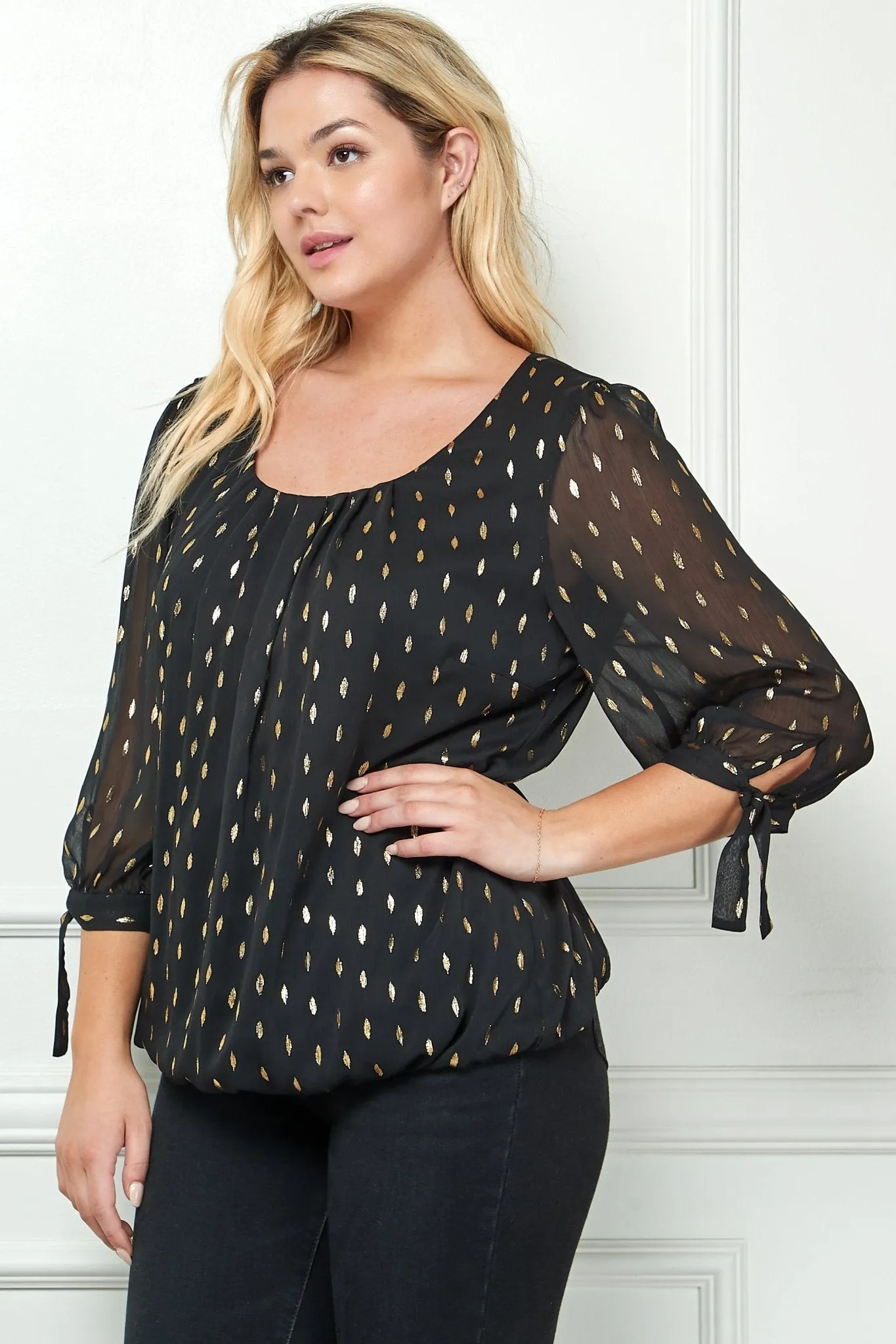 Black 3/4 Tie Sleeve Bubble Blouse - Plus