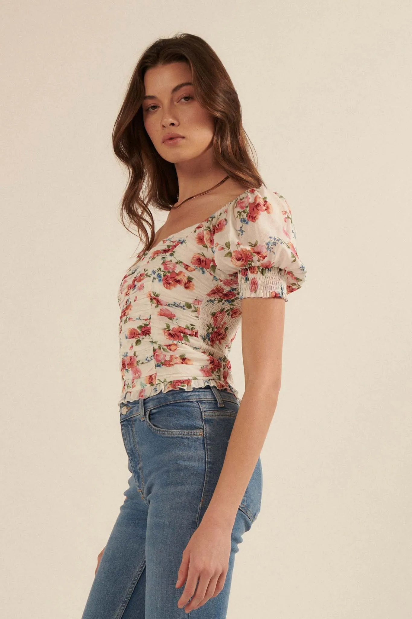 Blushing Roses Ruched Floral Puff-Sleeve Top