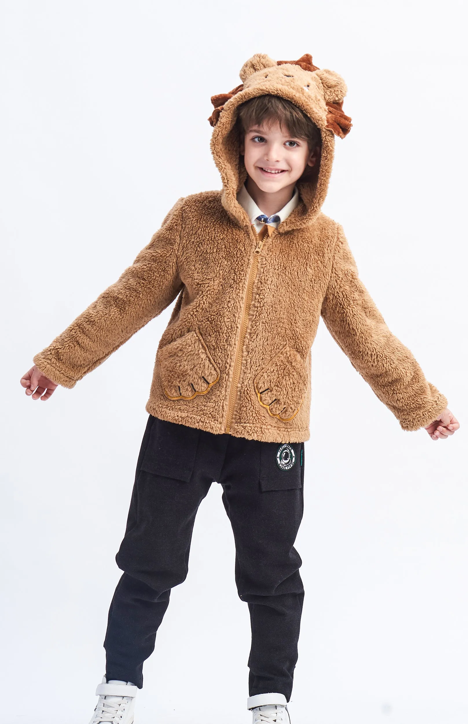 Boys Animal Coat Toddler Kids Lion Jackets Flannel Hooded Outfits Plush Zipper Costume for Autumn Winter