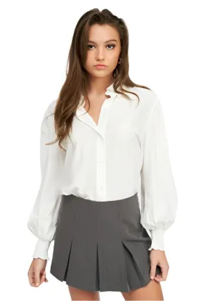 Button Up Collared Blouse With Smocking