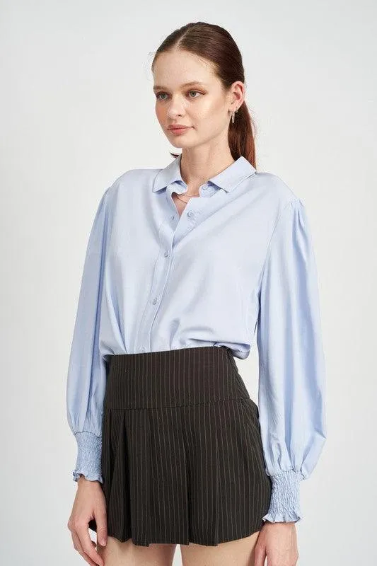 Button Up Collared Blouse With Smocking