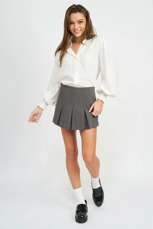 Button Up Collared Blouse With Smocking