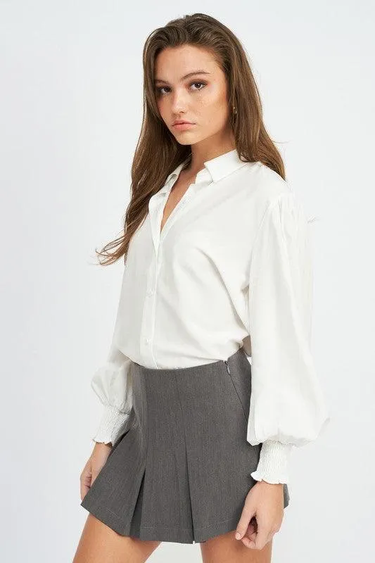 Button Up Collared Blouse With Smocking