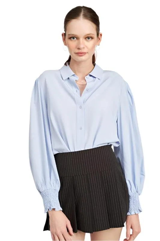 Button Up Collared Blouse With Smocking