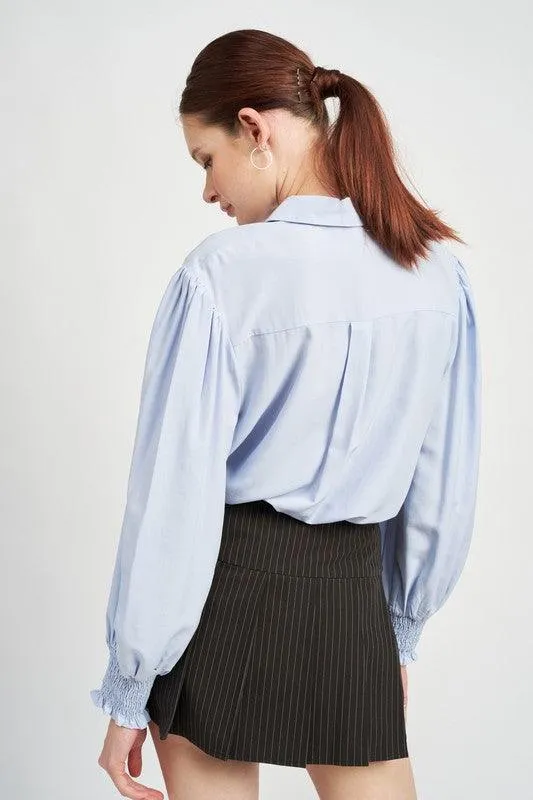 Button Up Collared Blouse With Smocking