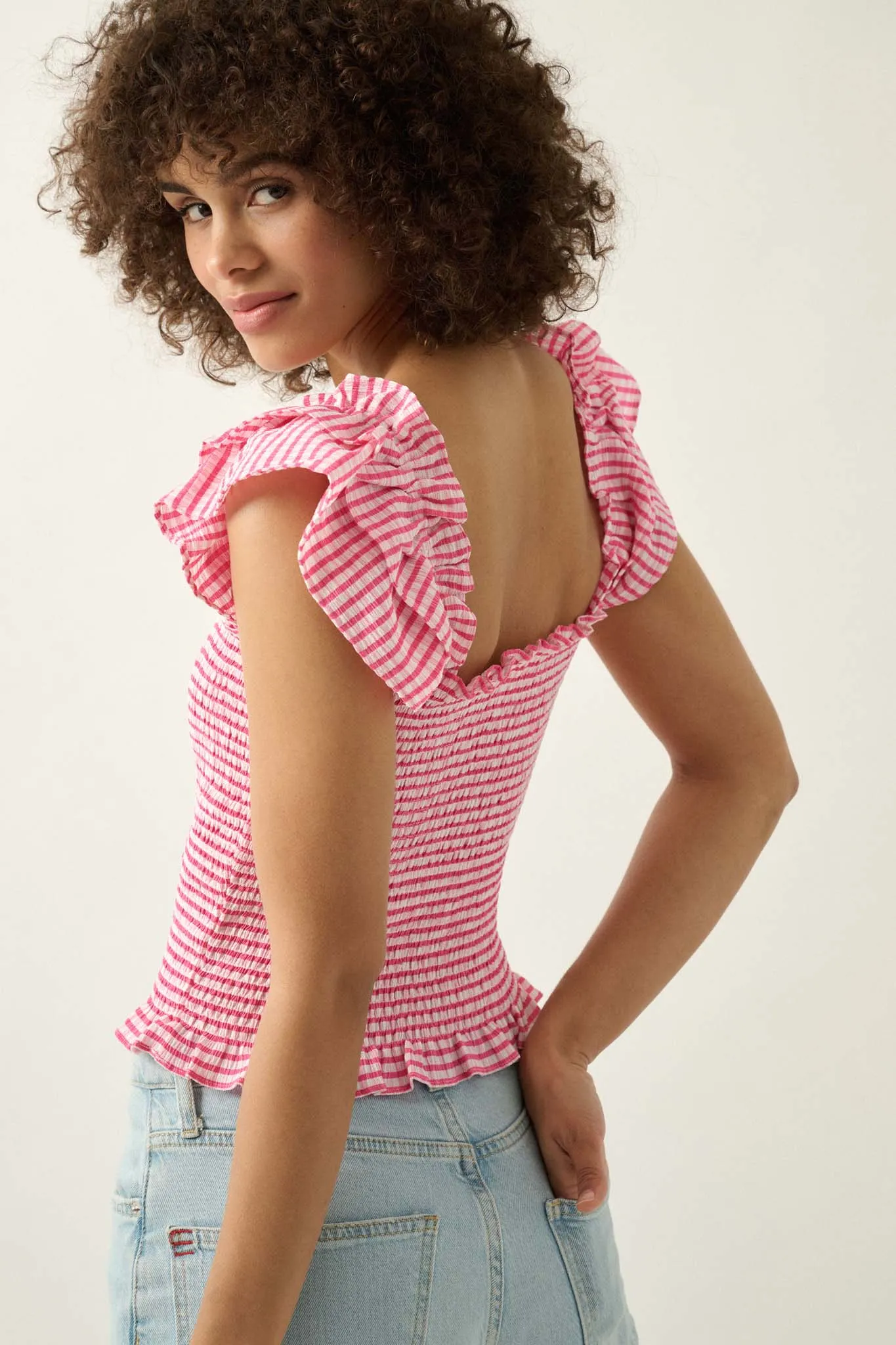 Candy Land Smocked Gingham Ruffled Peasant Top