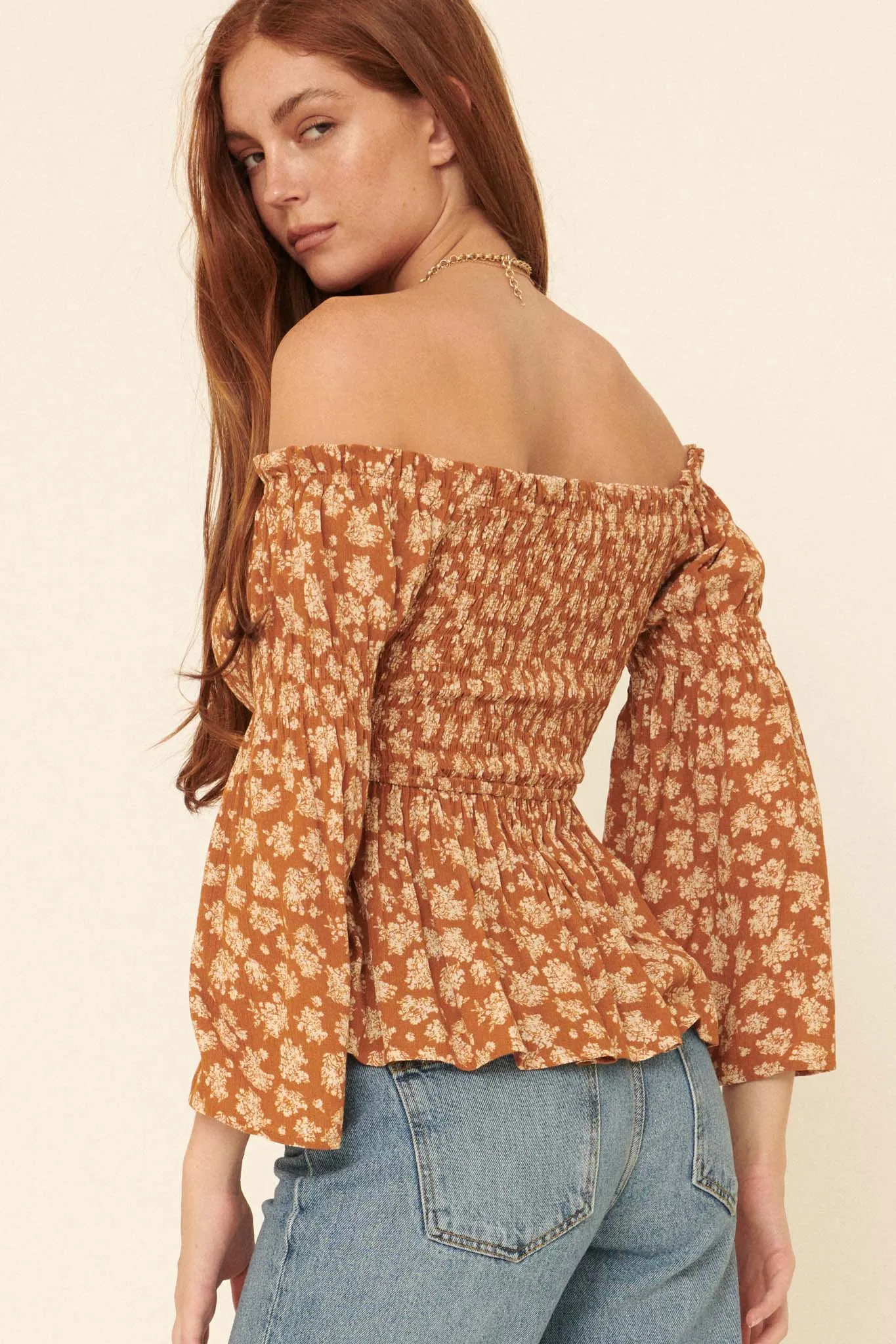 Country Orchard Smocked Floral Off-Shoulder Top