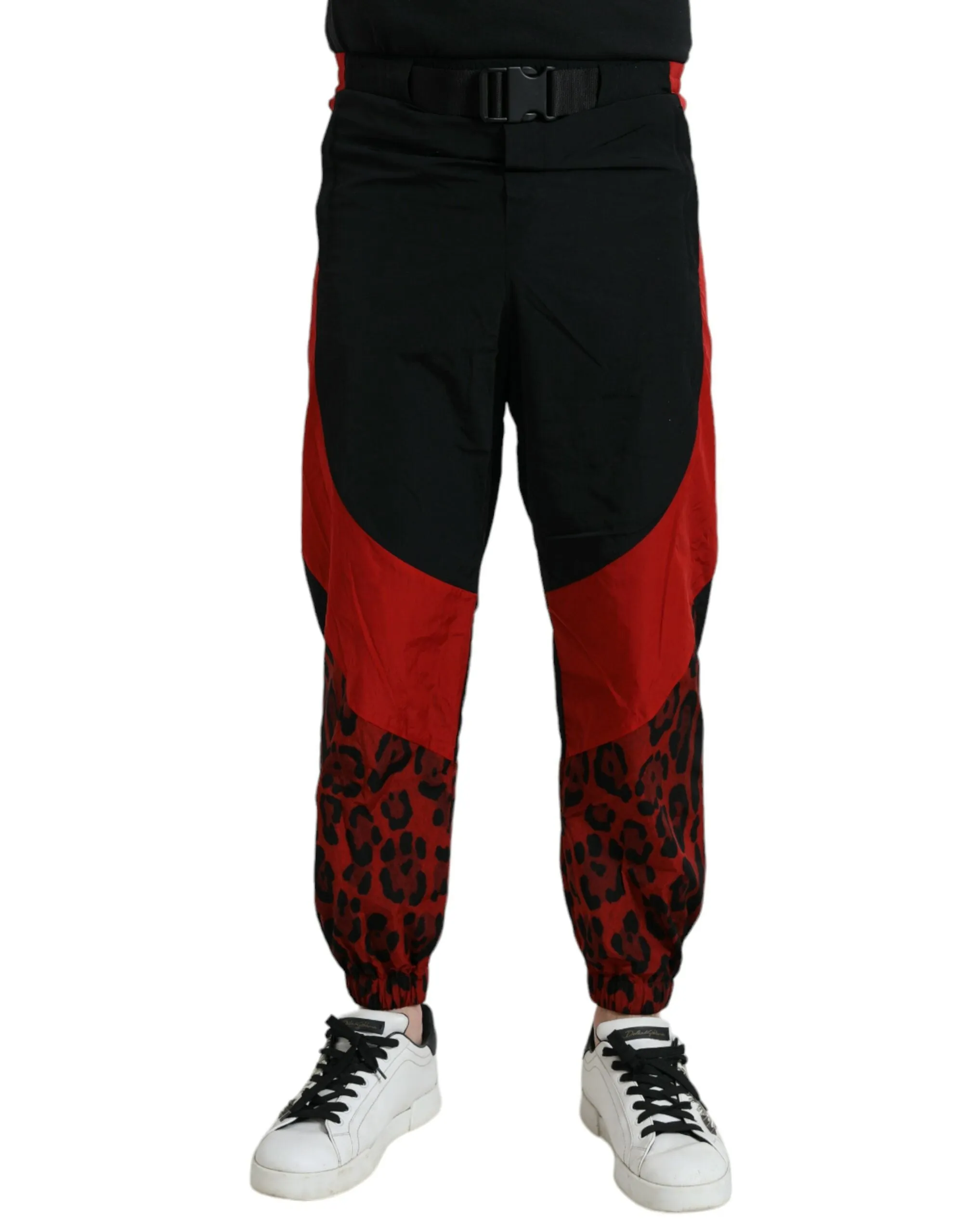 Dolce & Gabbana Black Red Leopard Print Nylon Jogger Pants