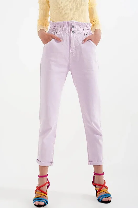 Elasticated Paper Bag Waist Mom Jean In Lilac