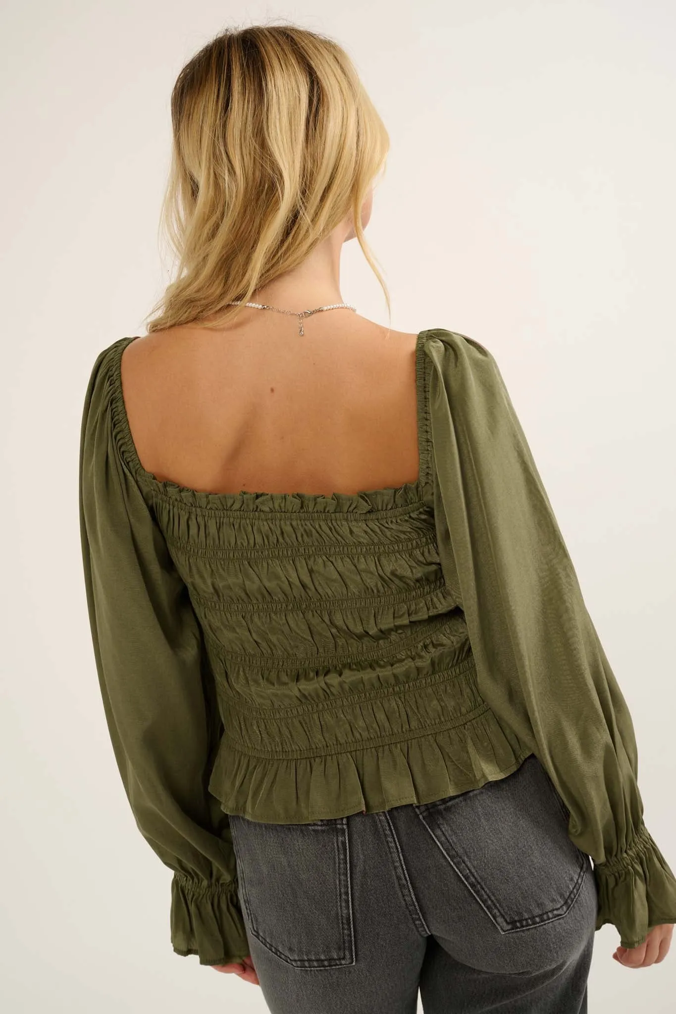 Gather Together Smocked Matte Satin Peasant Top