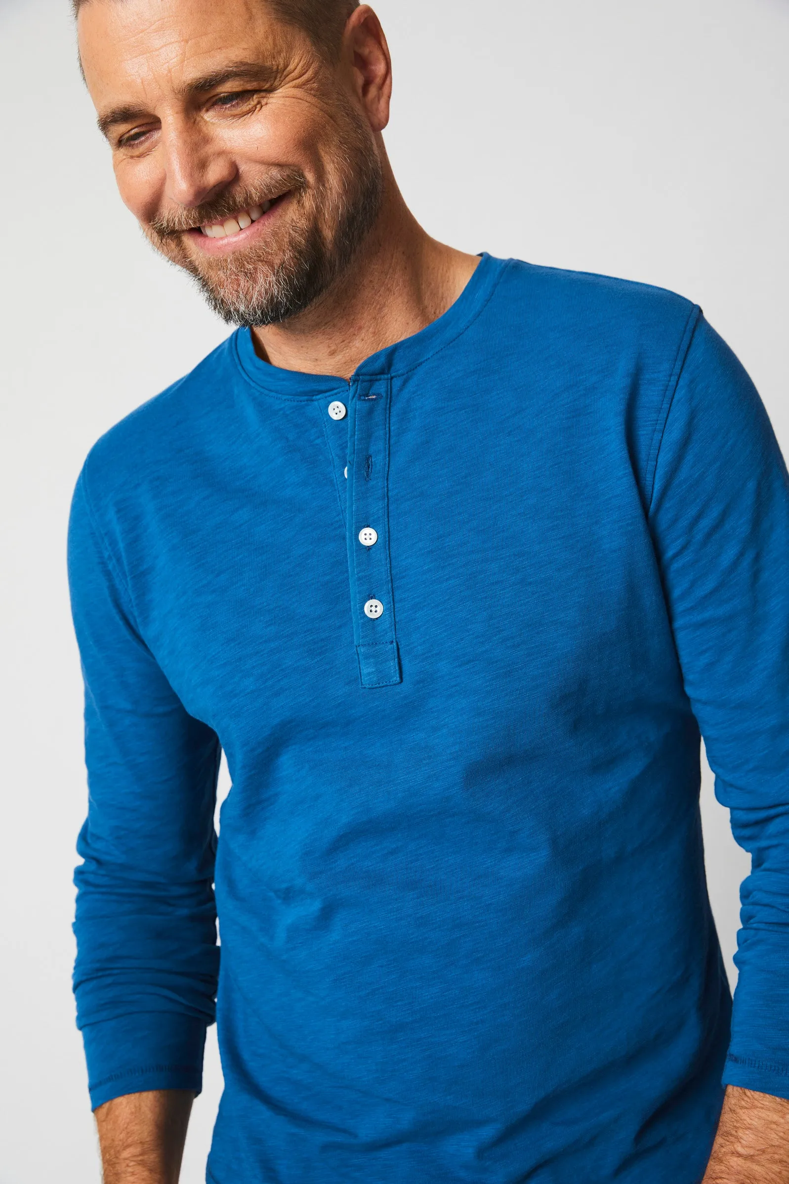 Long Sleeve Organic Cotton Henley - Lagoon Blue