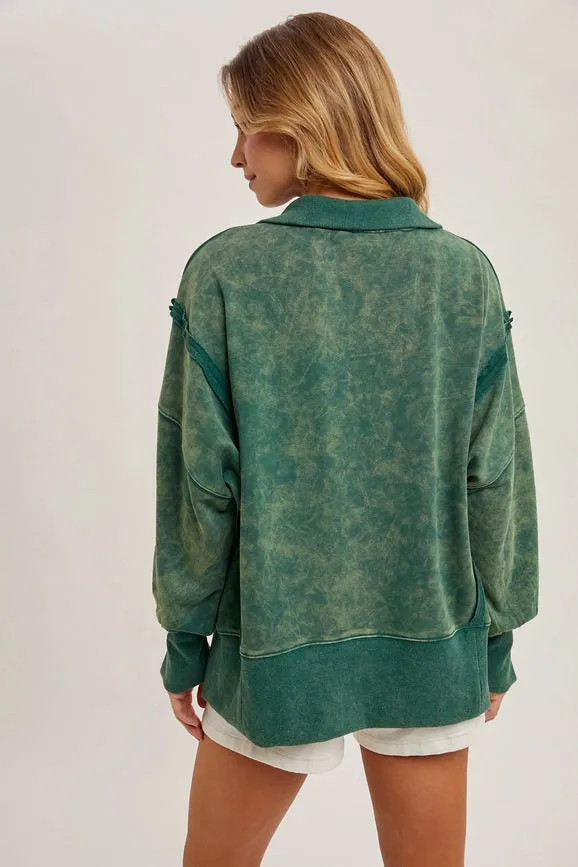 Long Sleeve Washed Side Slit Henley Sweatshirt HUNTER GREEN