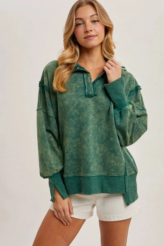 Long Sleeve Washed Side Slit Henley Sweatshirt HUNTER GREEN