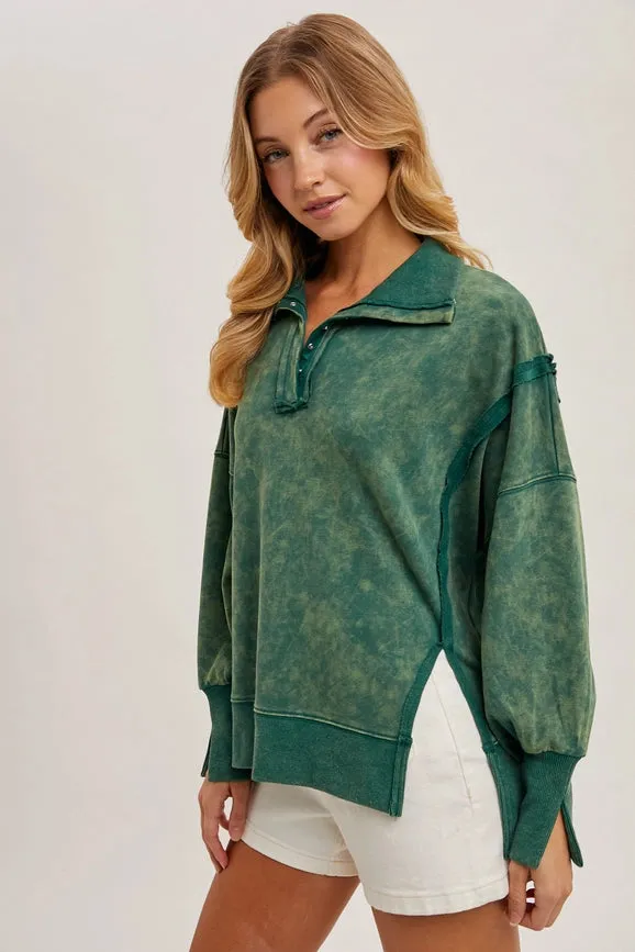 Long Sleeve Washed Side Slit Henley Sweatshirt HUNTER GREEN