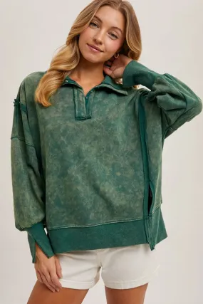 Long Sleeve Washed Side Slit Henley Sweatshirt HUNTER GREEN