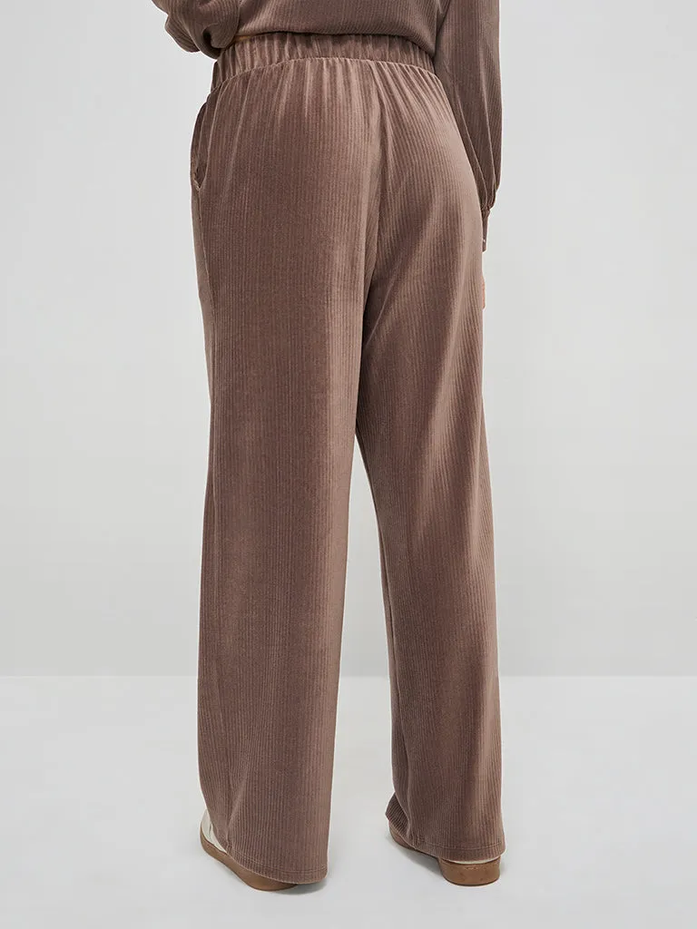 LOV Taupe Self-Striped Velveteen High-Rise Trousers