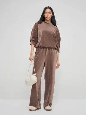 LOV Taupe Self-Striped Velveteen High-Rise Trousers