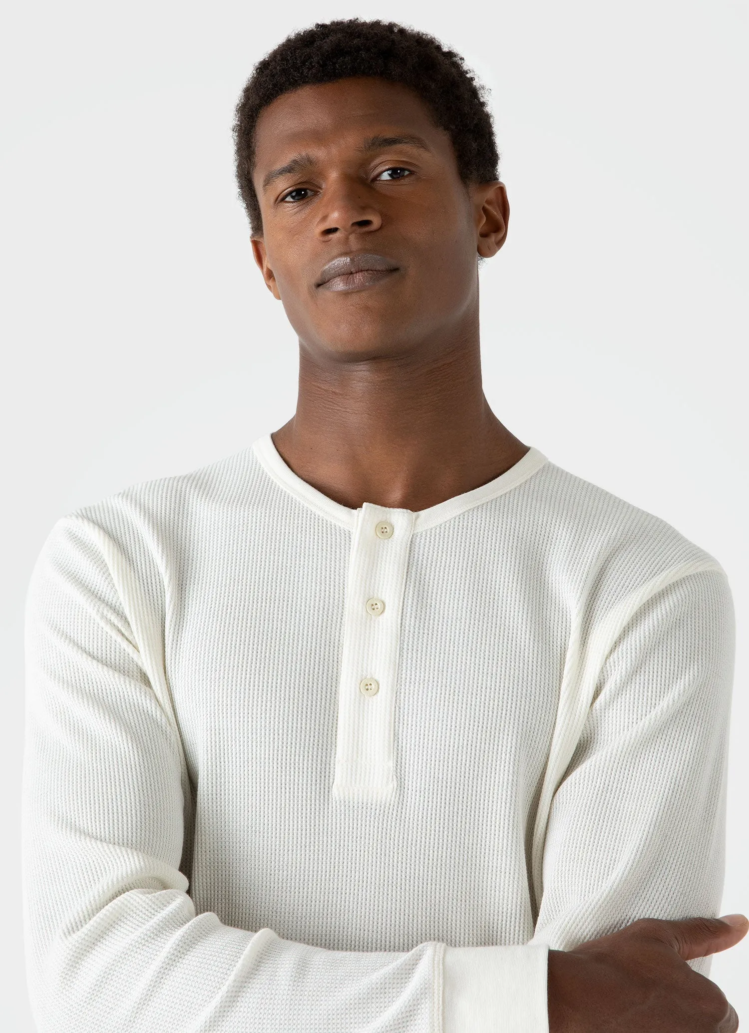 Men's Long Sleeve Waffle Henley in Ecru