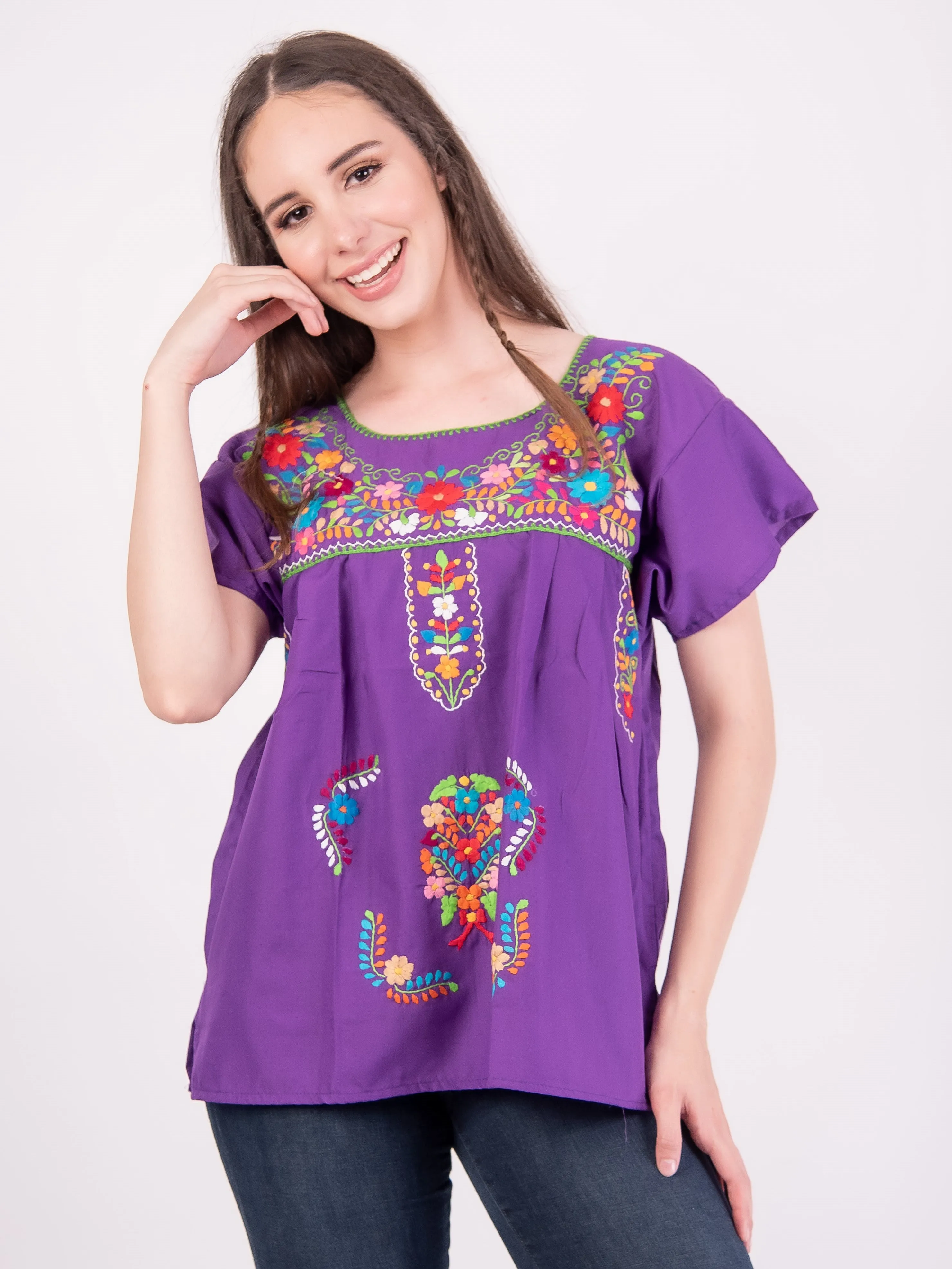 Mexican Tehuacan Full Embroidered Blouse Purple