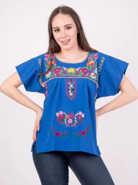 Mexican Tehuacan Full Embroidered Blouse Royal Blue