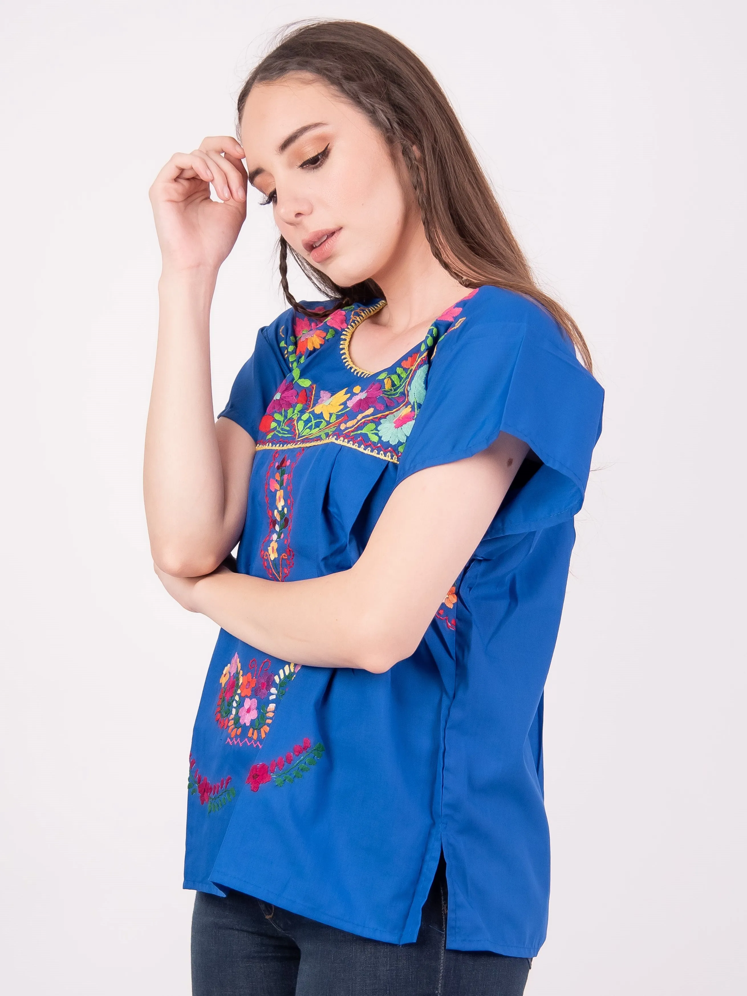 Mexican Tehuacan Full Embroidered Blouse Royal Blue