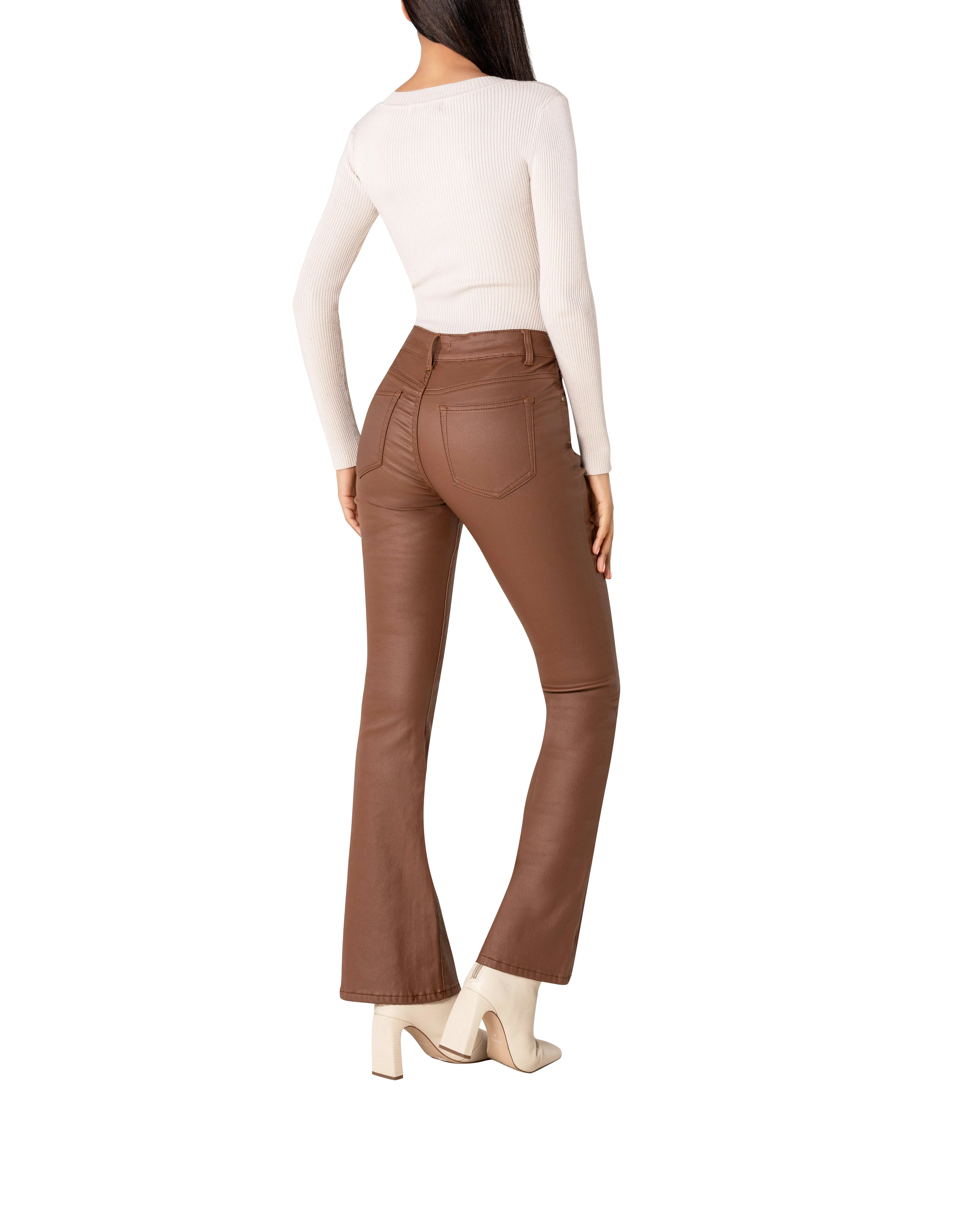 MochaFlare High-Waist Faux Leather Trousers – Brown