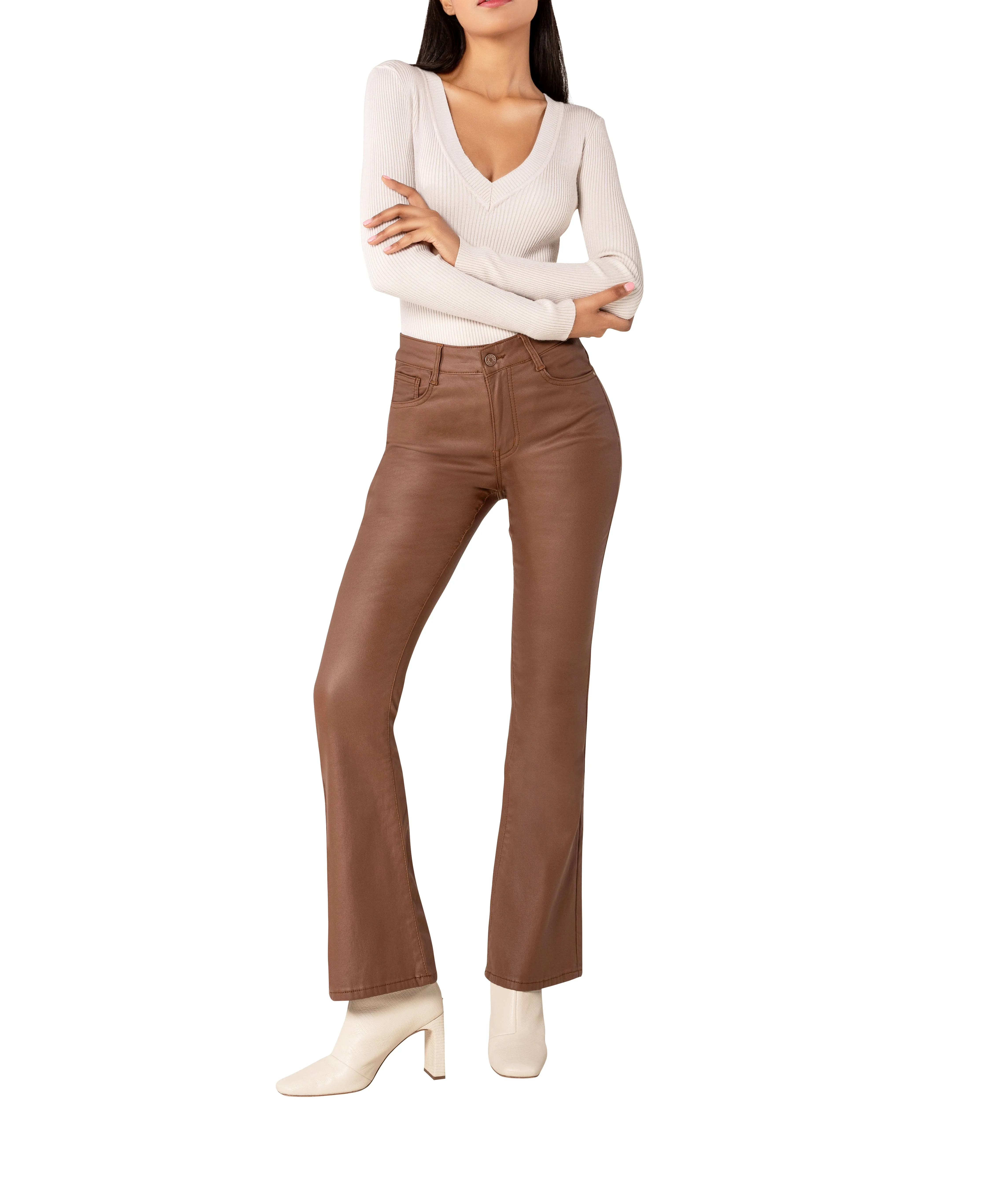 MochaFlare High-Waist Faux Leather Trousers – Brown