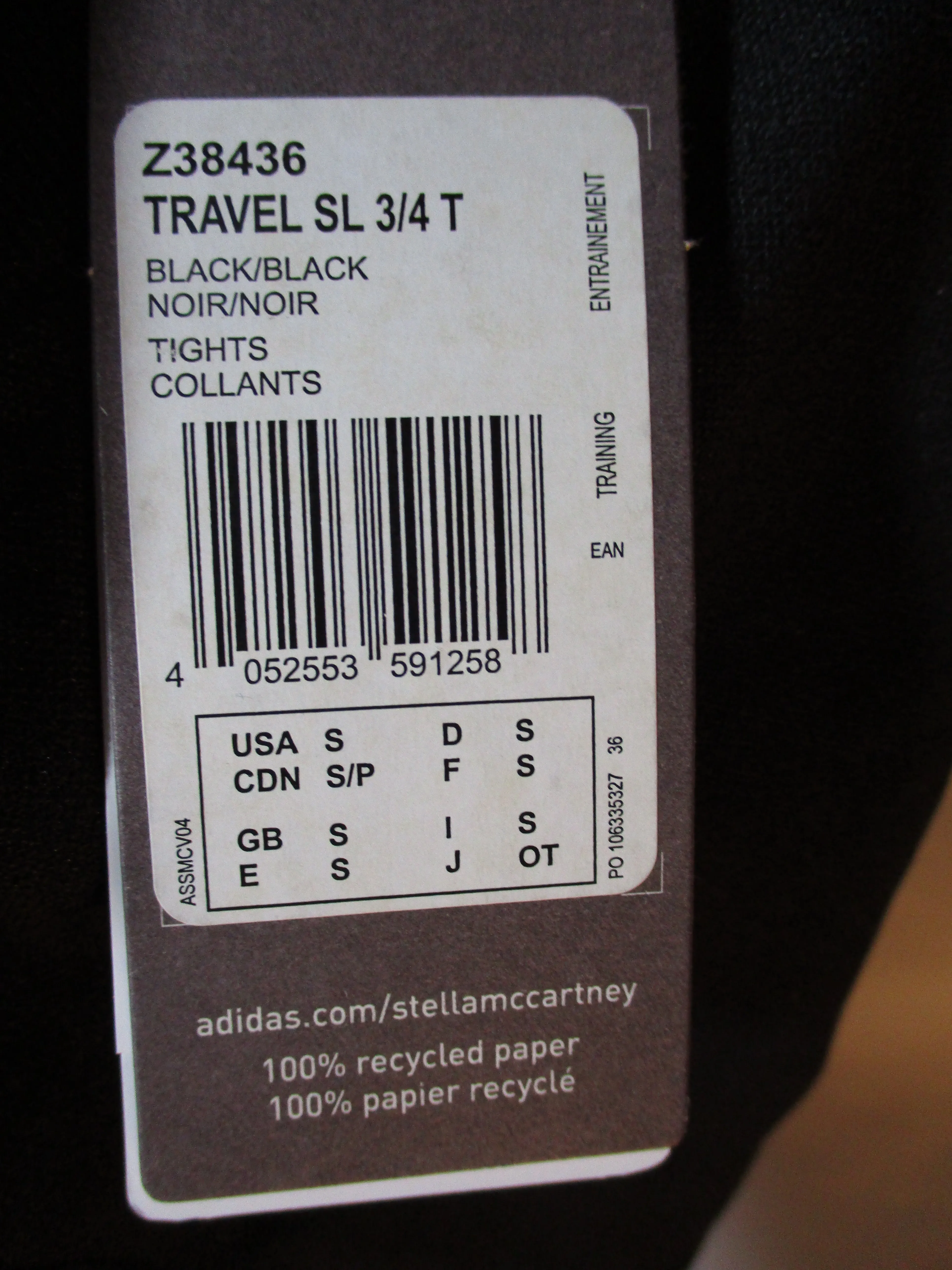 NEW ADIDAS STELLA MCCARTNEY 3/4 SL TRAVEL TIGHT Legging S BLACK Pant Capri