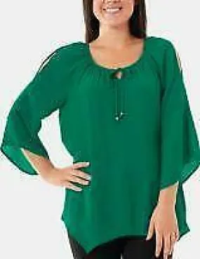 Ny Collection Split-Sleeve Peasant Top, Size Large /Green