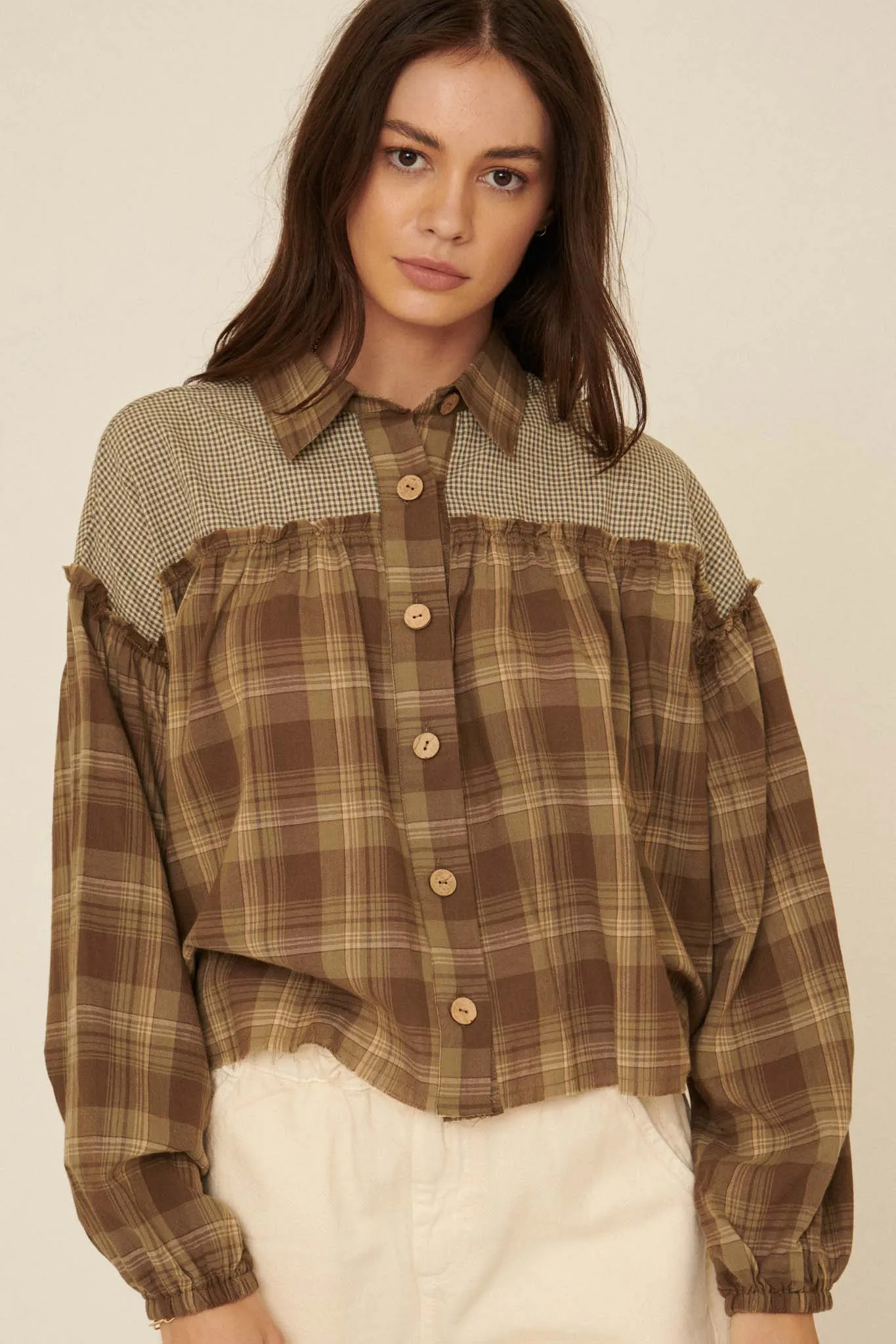 Orchard Hill Buttoned Plaid Peasant Top