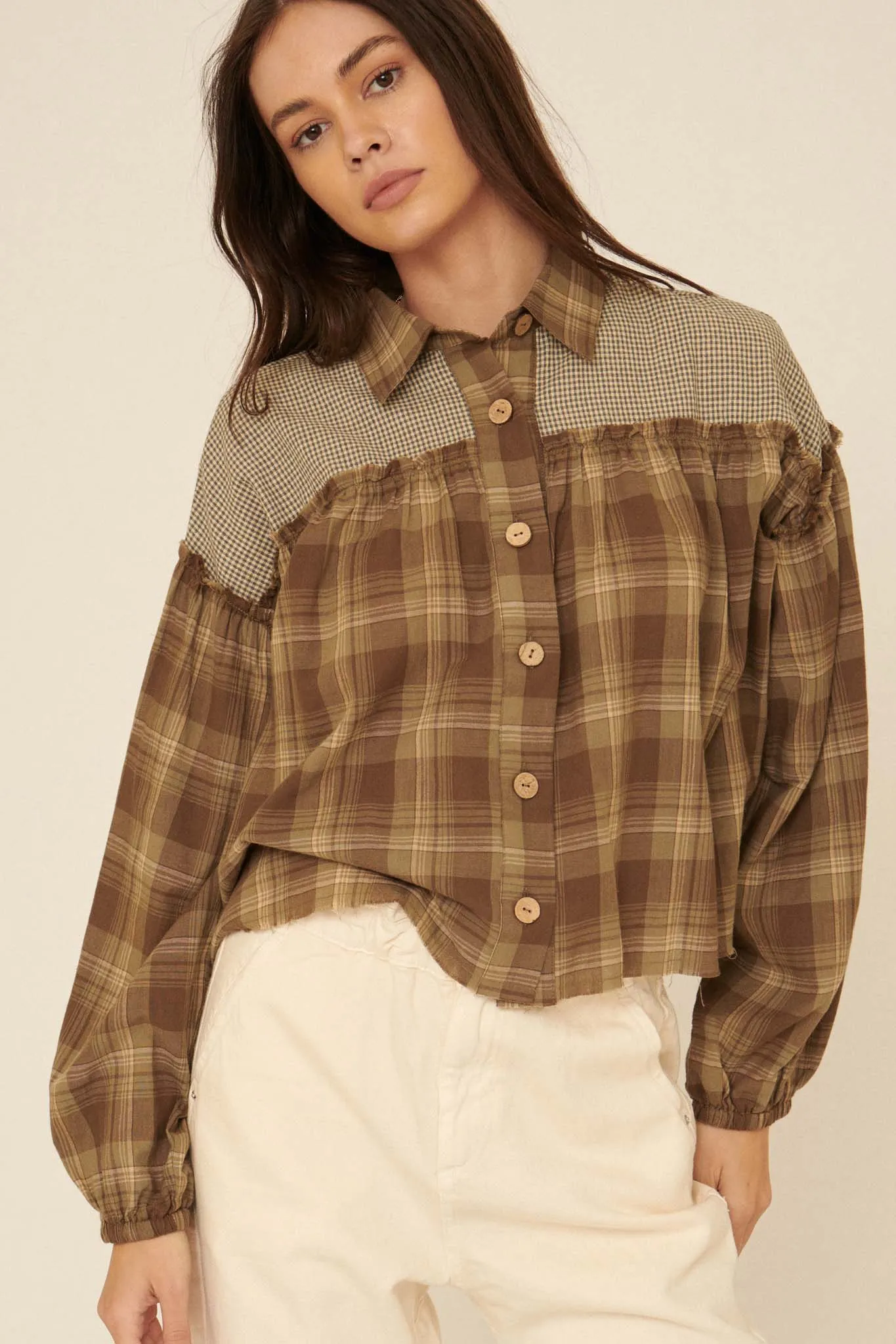 Orchard Hill Buttoned Plaid Peasant Top