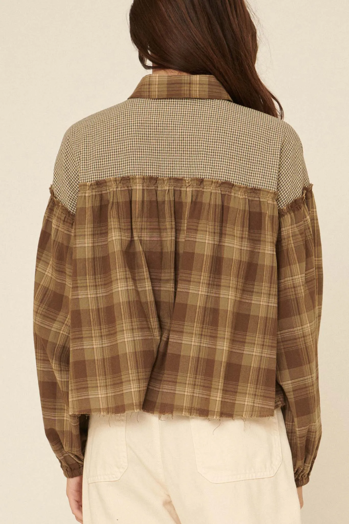 Orchard Hill Buttoned Plaid Peasant Top