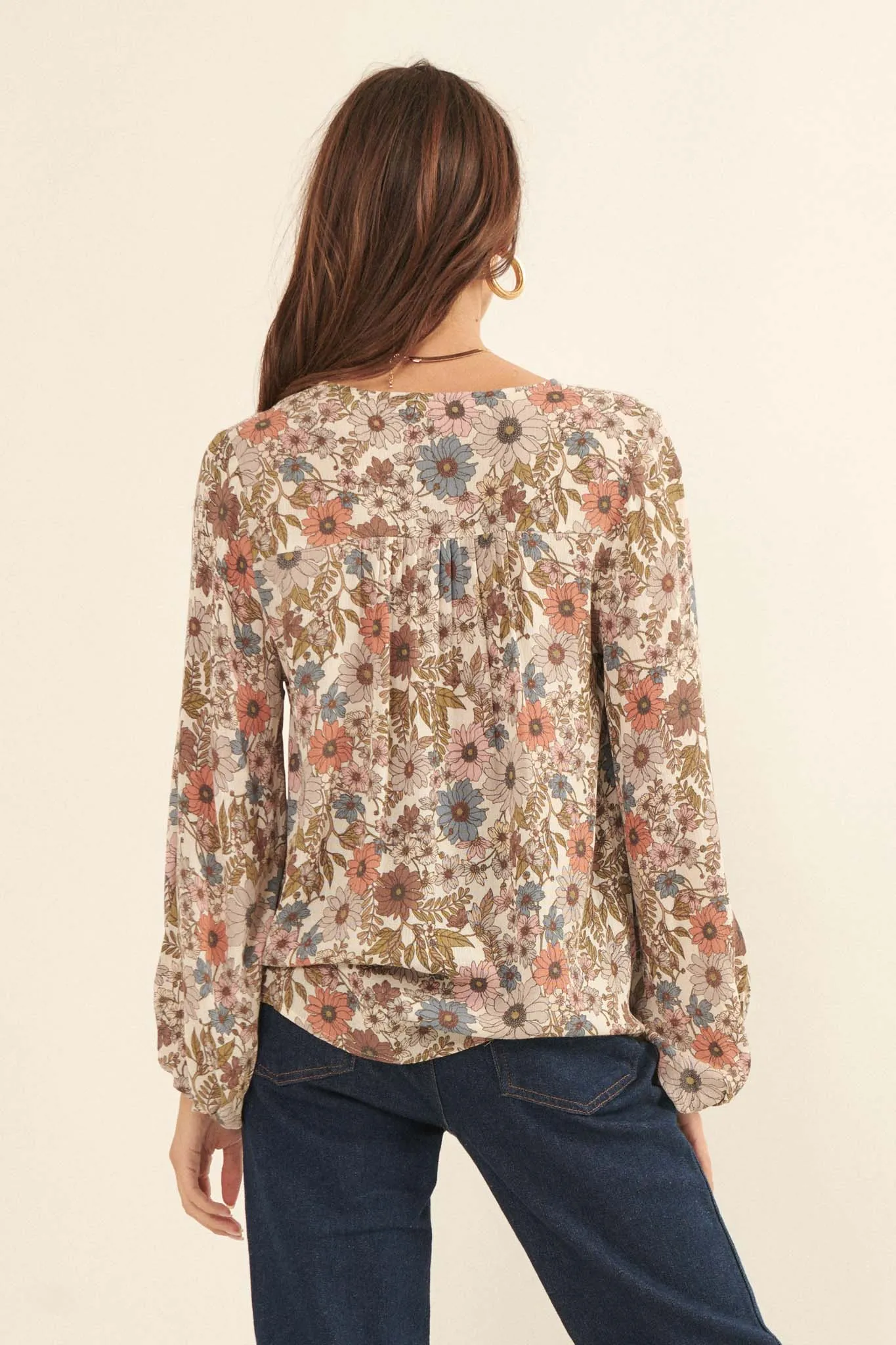 Over the River Floral Lace-Up Peasant Top