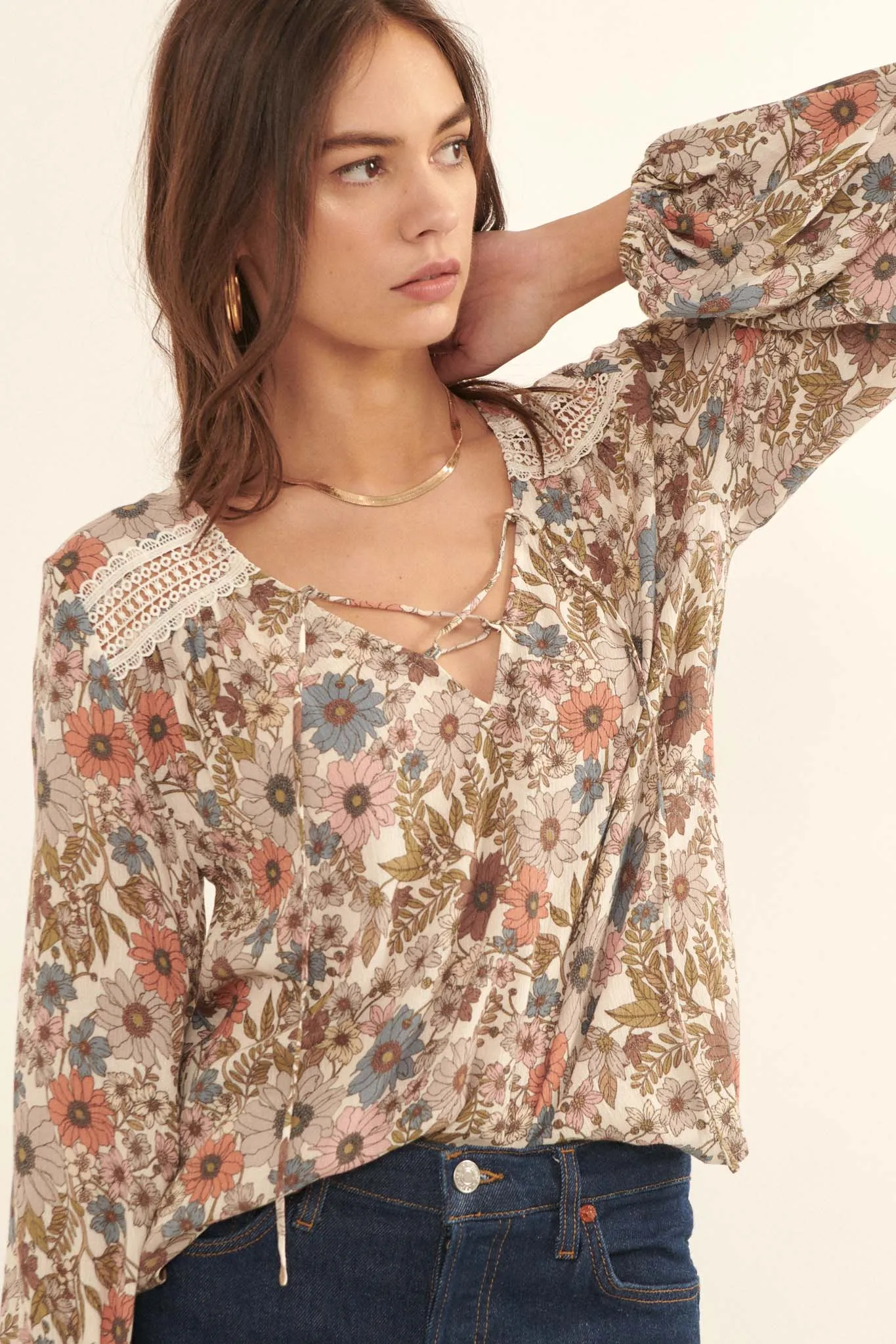 Over the River Floral Lace-Up Peasant Top